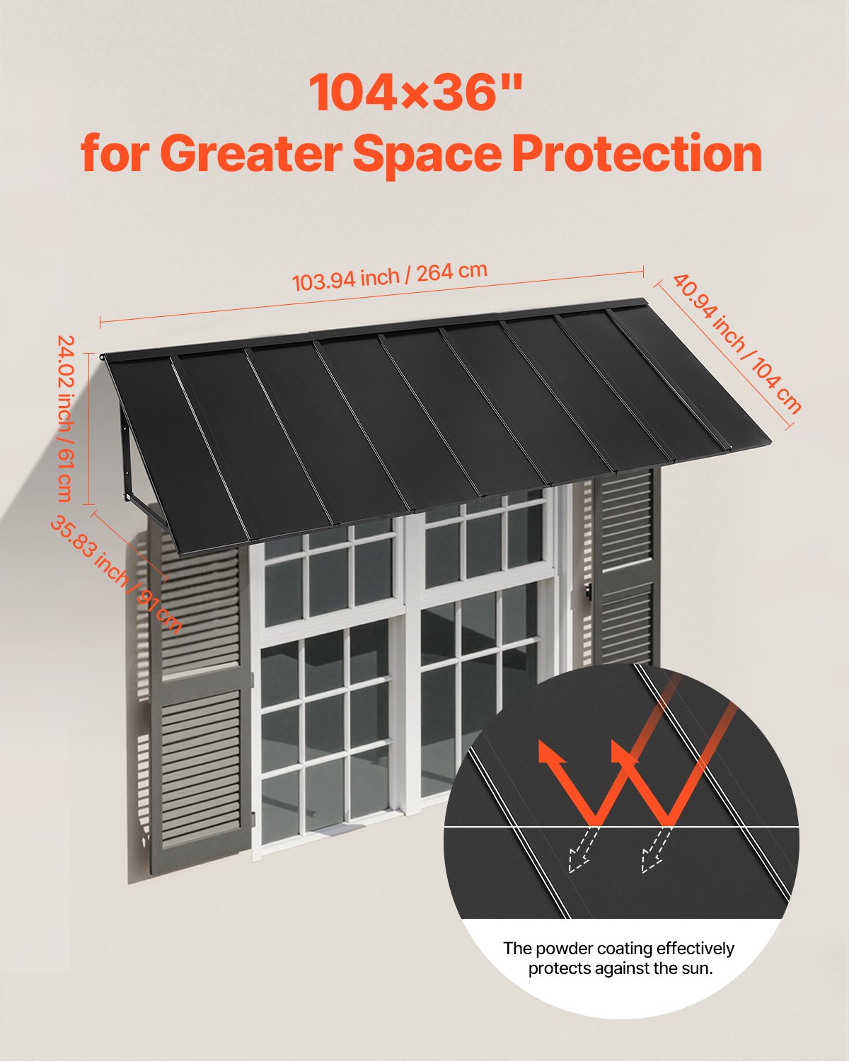 Outdoor Steel Window Awning 104x36 Inch Anti-Rust Door Canopy Black