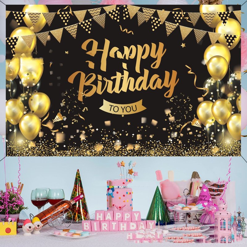 Black Gold Birthday Background Flag for Event & Party Decorations