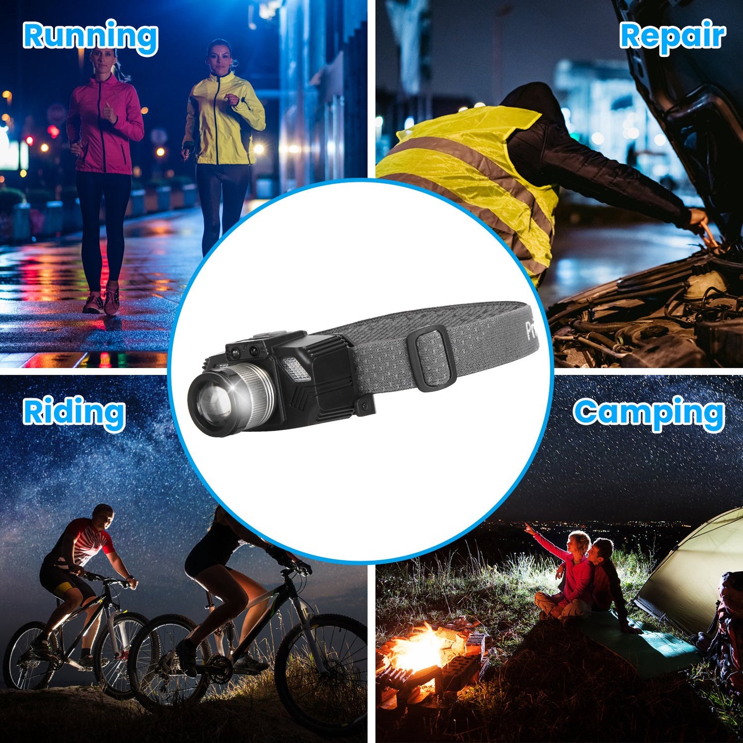 Rechargeable Motion Sensor LED Headlamp with Zoom & 3 Light Modes Waterproof Outdoor Headlight Black