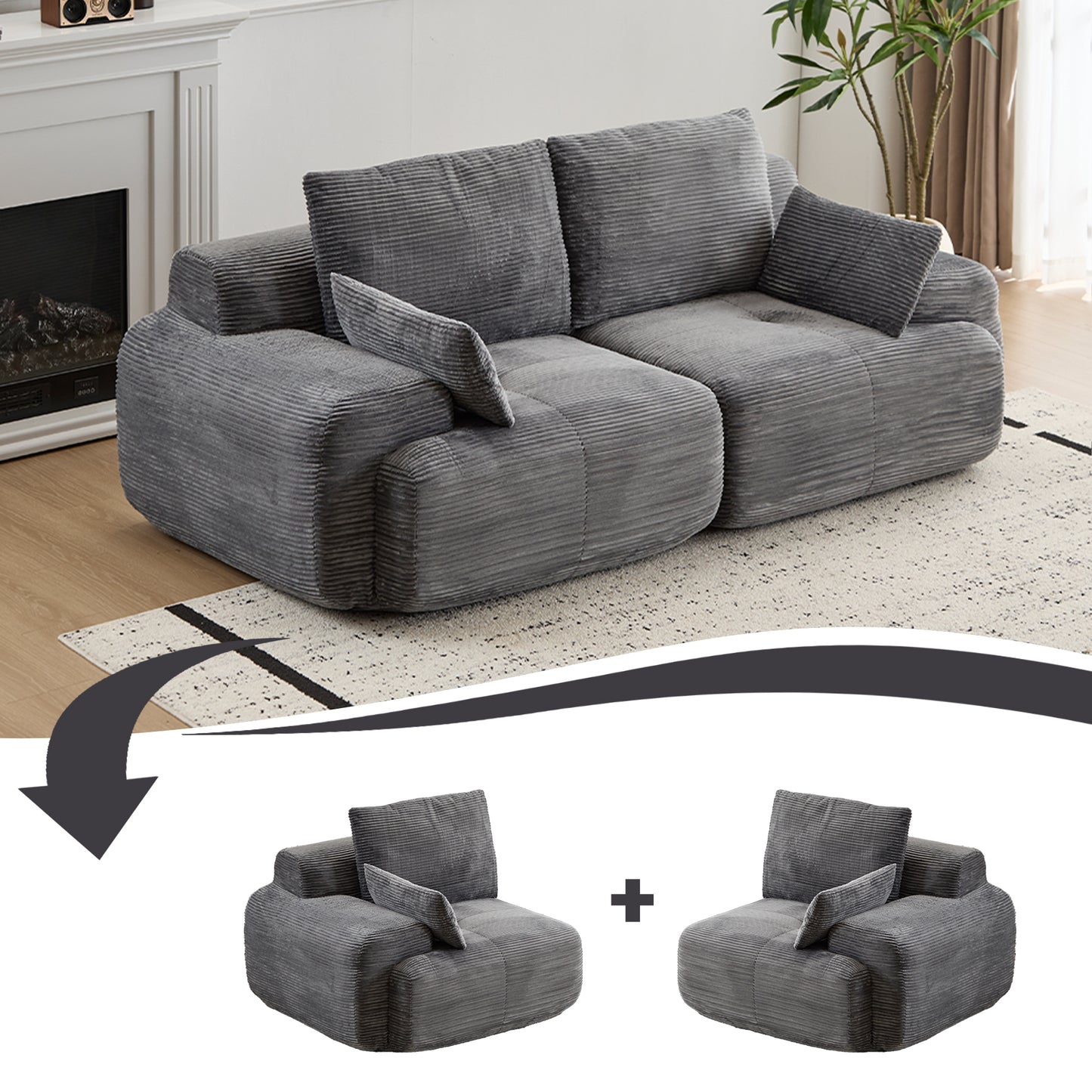 Modern Memory Foam 2-Seater Sectional Sofa - Grey