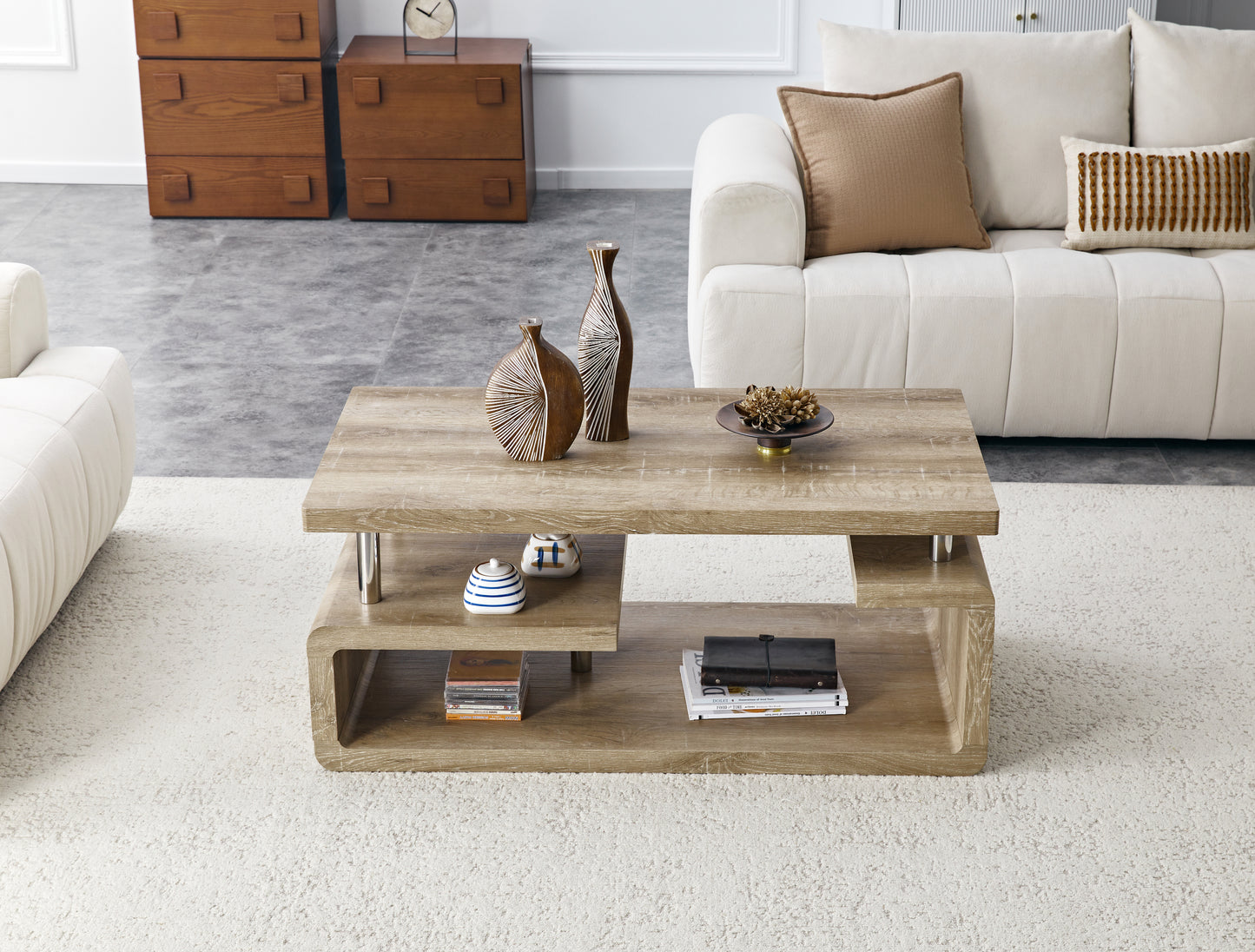 MDF Coffee Table with Carved Wood Grain & Multi-Storage Compartments