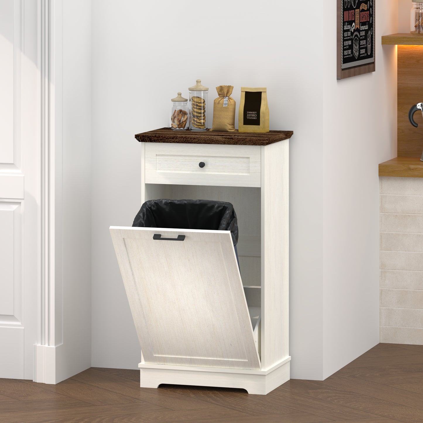Tilt-Out Trash Cabinet - Freestanding Wood Recycling Bin with Drawer, Antique Brown & White