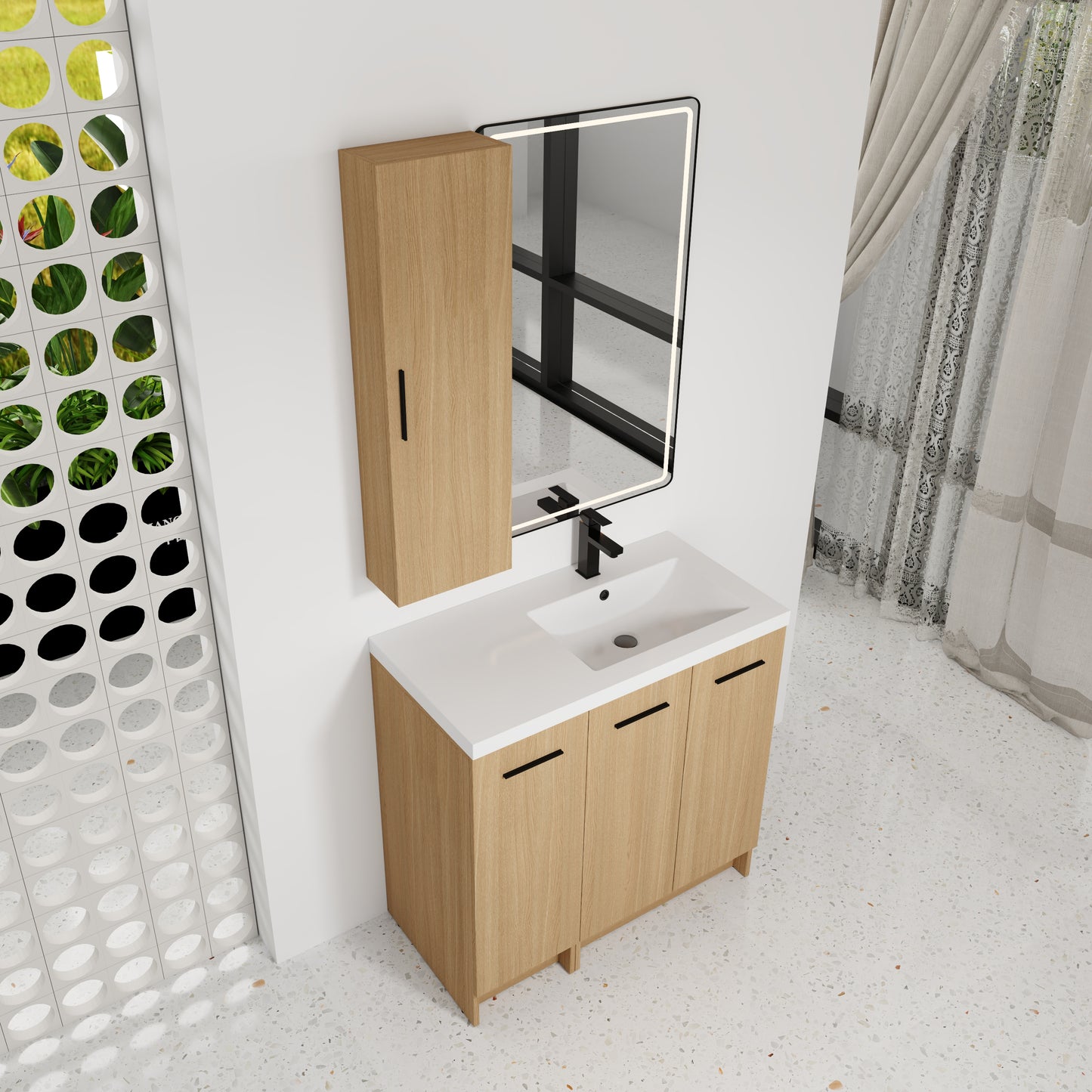 36" Freestanding Bathroom Vanity Set with Linen Cabinet - Light Oak