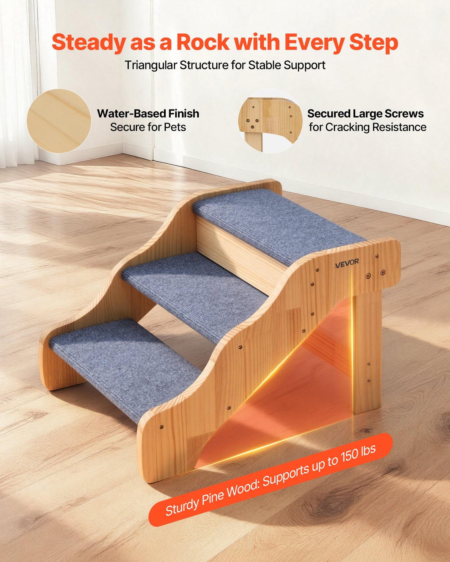 Wood Pet Stairs for Dogs & Cats - 3-Step Non-Slip Pet Ladder with 150lbs Capacity