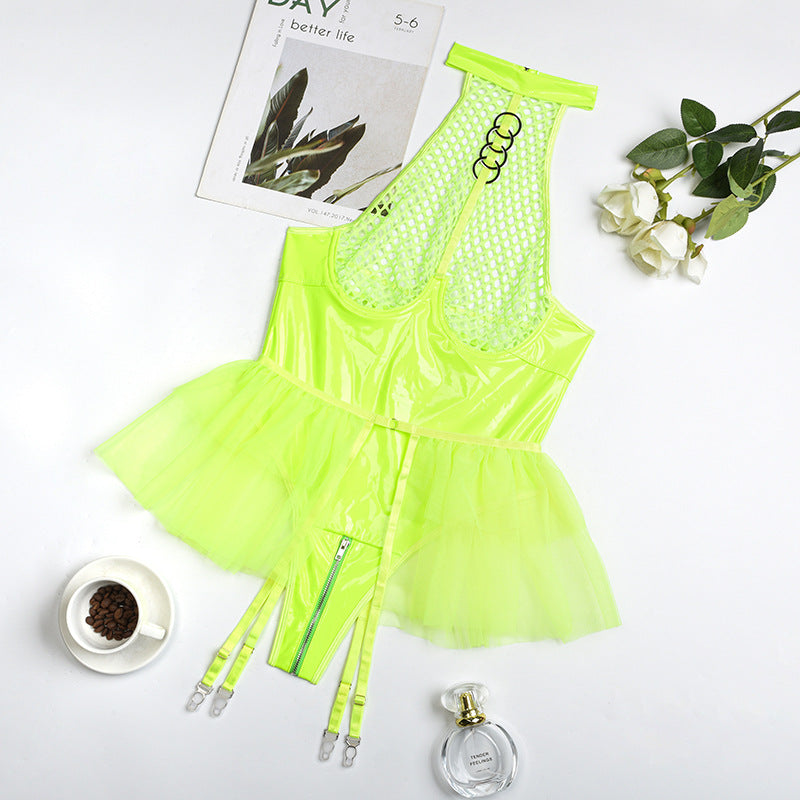Women’s Mesh Jumpsuit with PU Patent Leather Mesh Halter Underwear