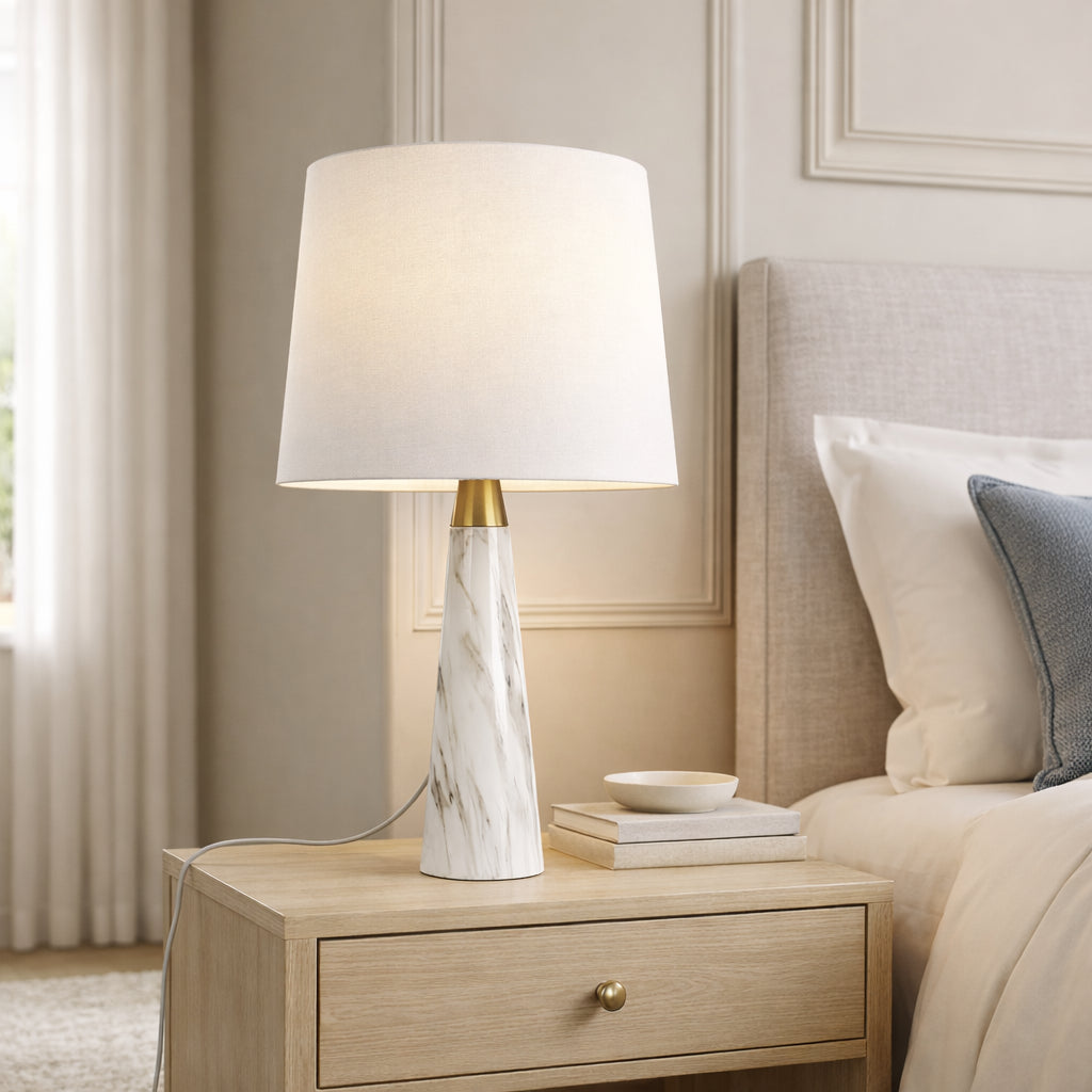Enclave Hydro White Table Lamp With On Off Switch Faux Marble Base