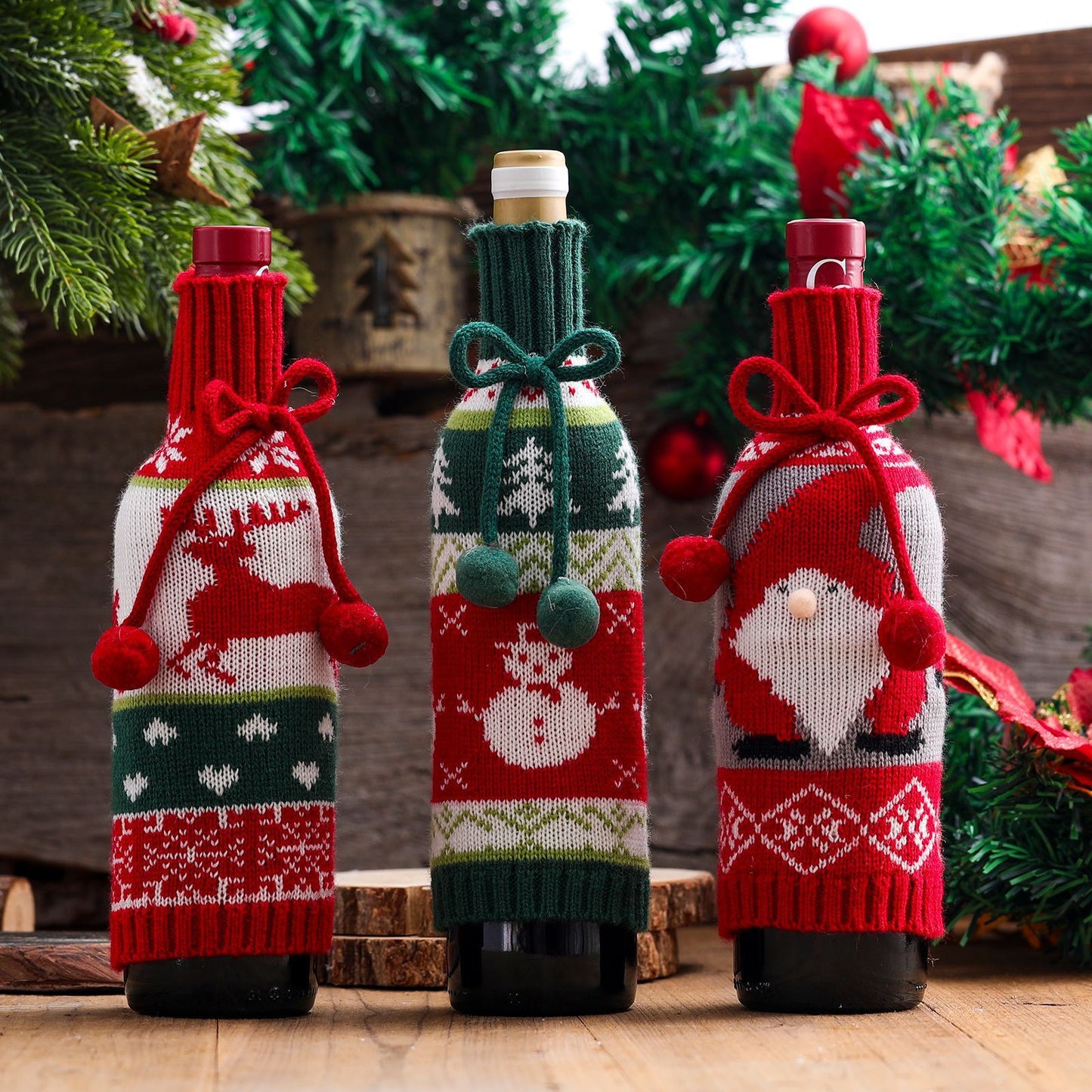 Festive Knitted Wine Set Decoration with Bowknot & Snowman Elk Elderly Figurines