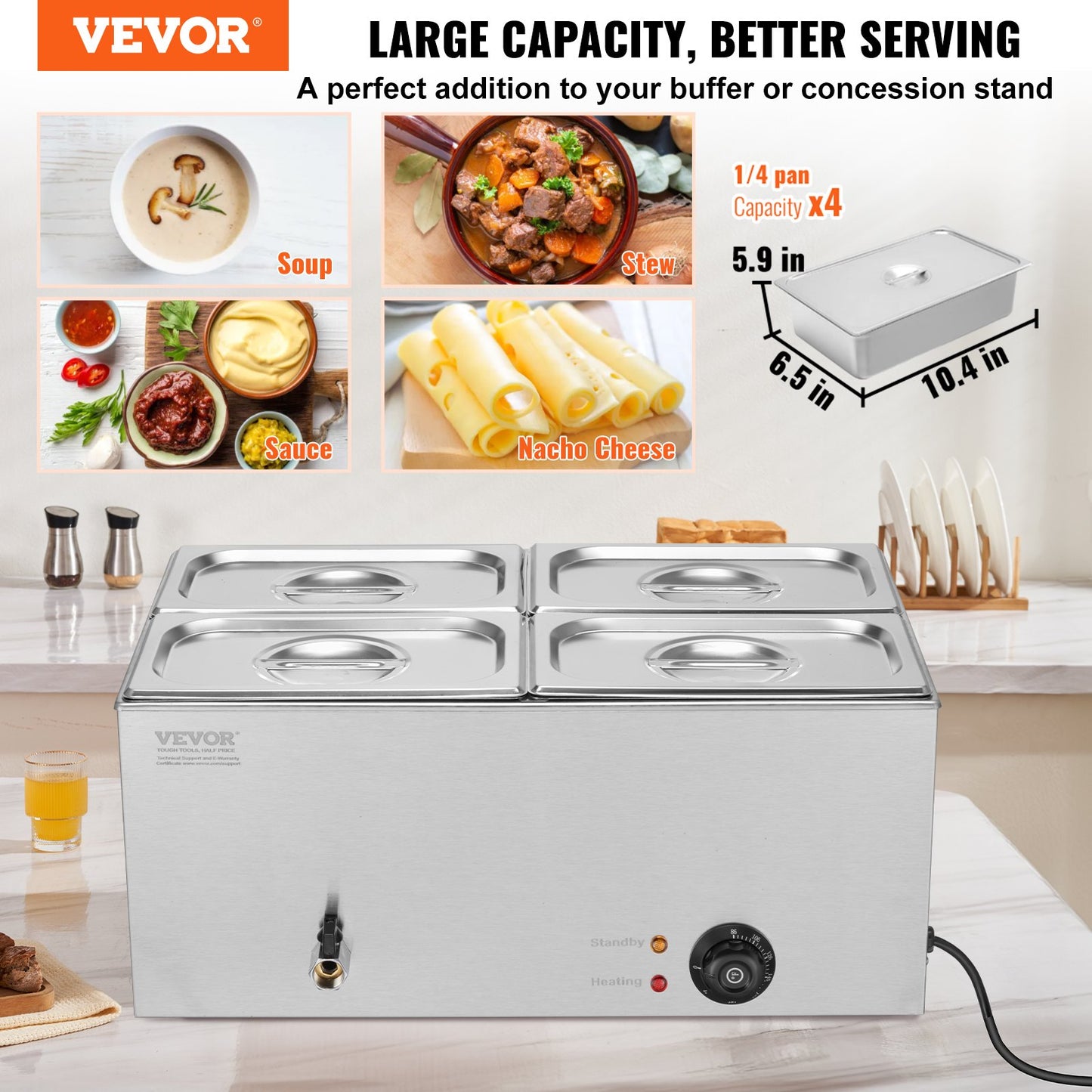 Commercial Food Warmer 4-Pan Countertop Buffet Bain Marie 15.9QT - Stainless Steel, Adjustable Temperature, Silver