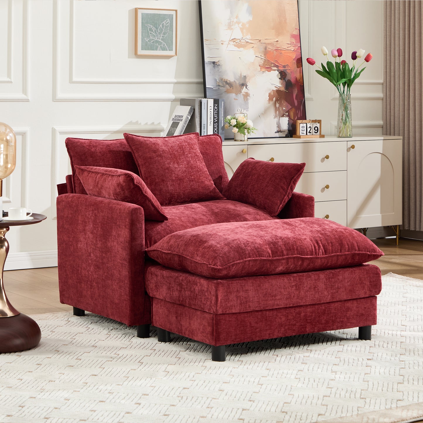 Modern Accent Chair with Ottoman - Wine Red Chenille Upholstery