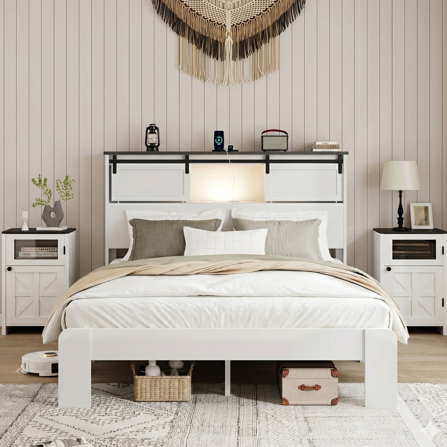 Queen Metal Platform Bed Frame with USB Charging Station - White