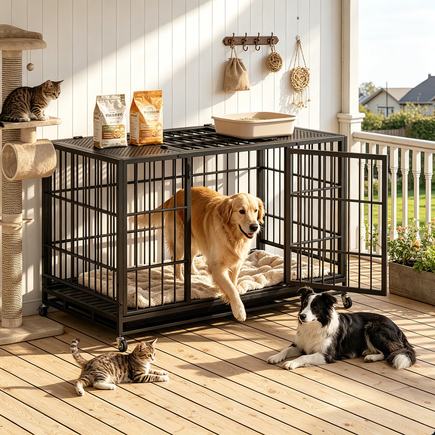 Heavy Duty Dog Crate with Lockable Wheels & Perforated Top - Indoor Outdoor Metal Kennel