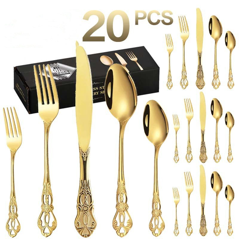 20-Piece Stainless Steel Cutlery Set - Silver, Gold & Black Finish