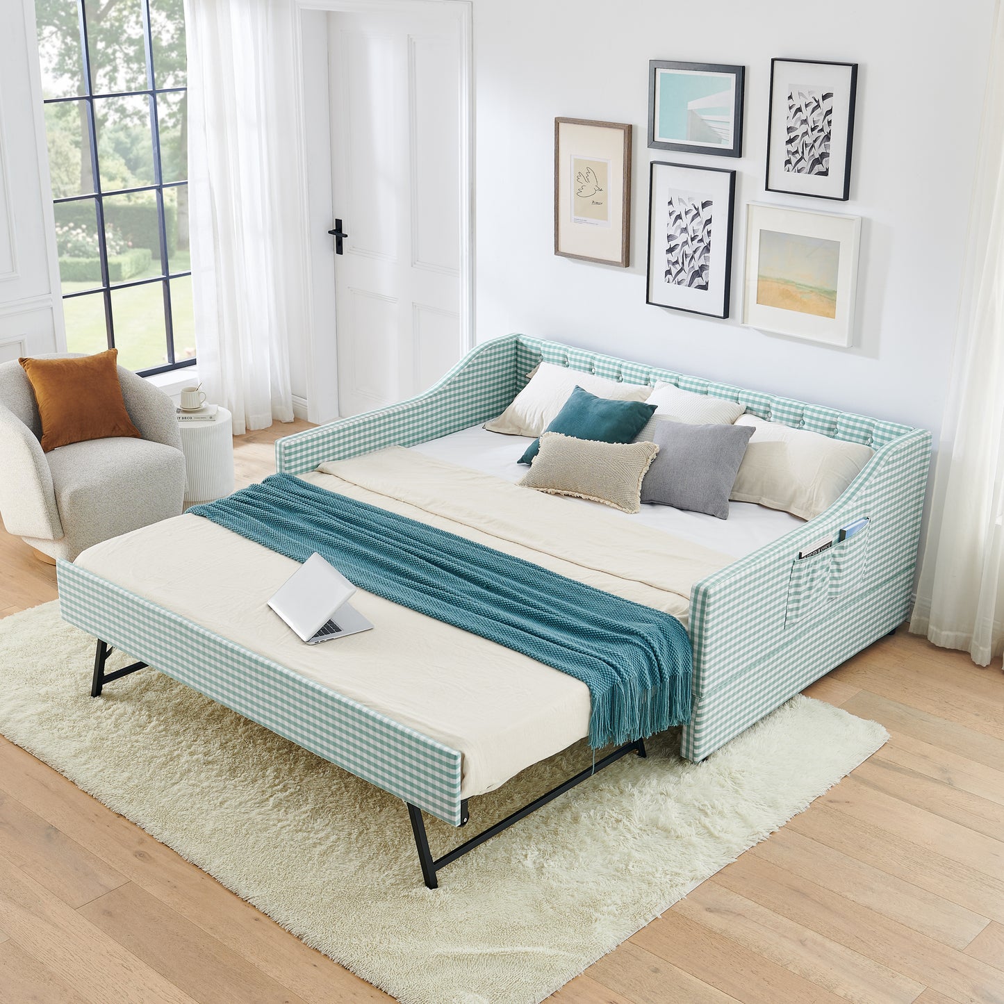 Full-Size Upholstered Daybed with Pull-Out Trundle & Storage - Cyan