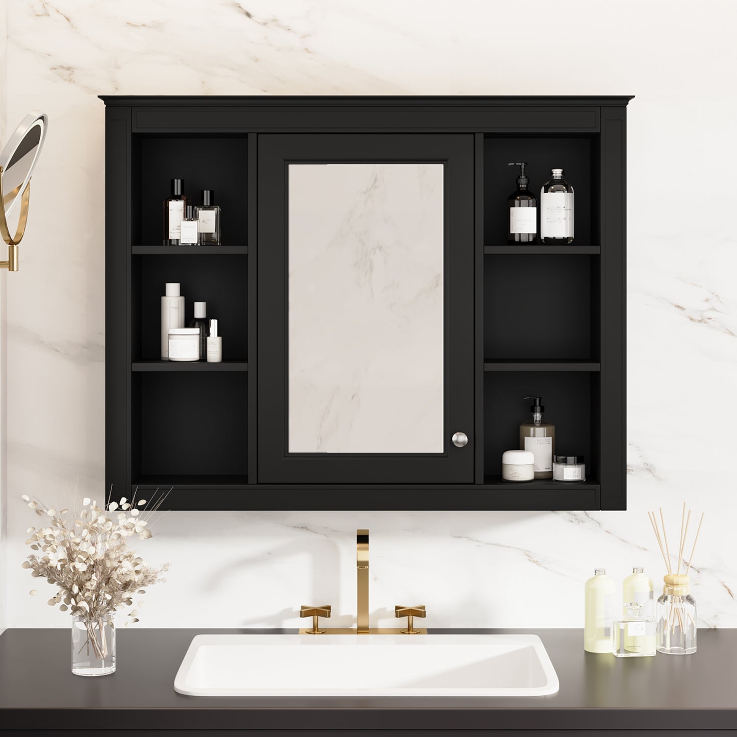 35'' x 28'' Wall Mounted Medicine Cabinet with Mirror - Black