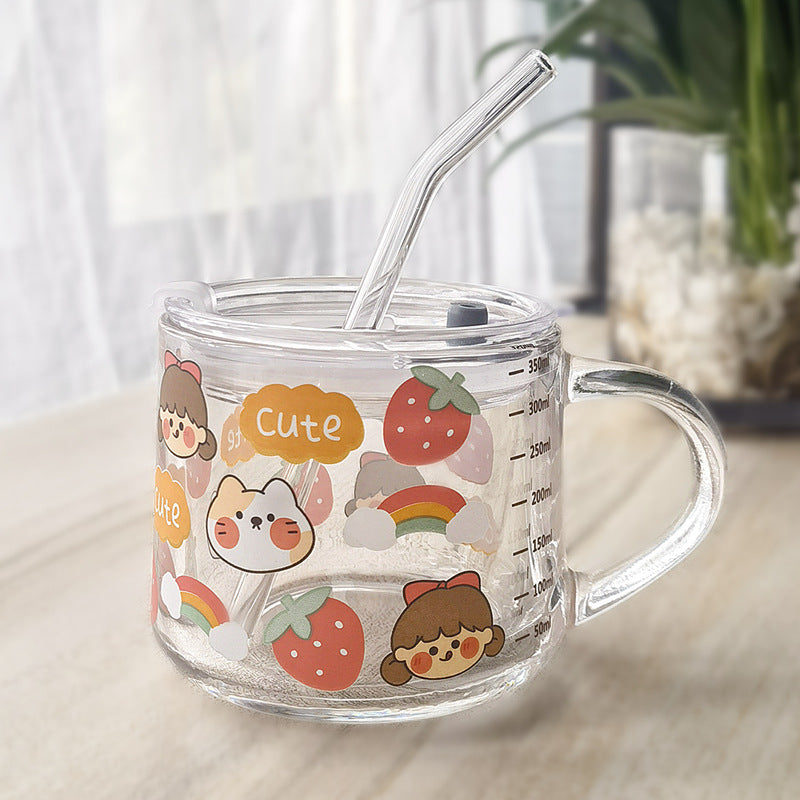Minimalist Cartoon Glass Water Cup with Straw - Heat-Resistant, 400ML