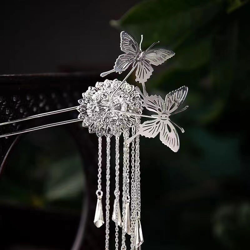 Butterfly Tassel Hairpin - Silver Alloy Hair Clip