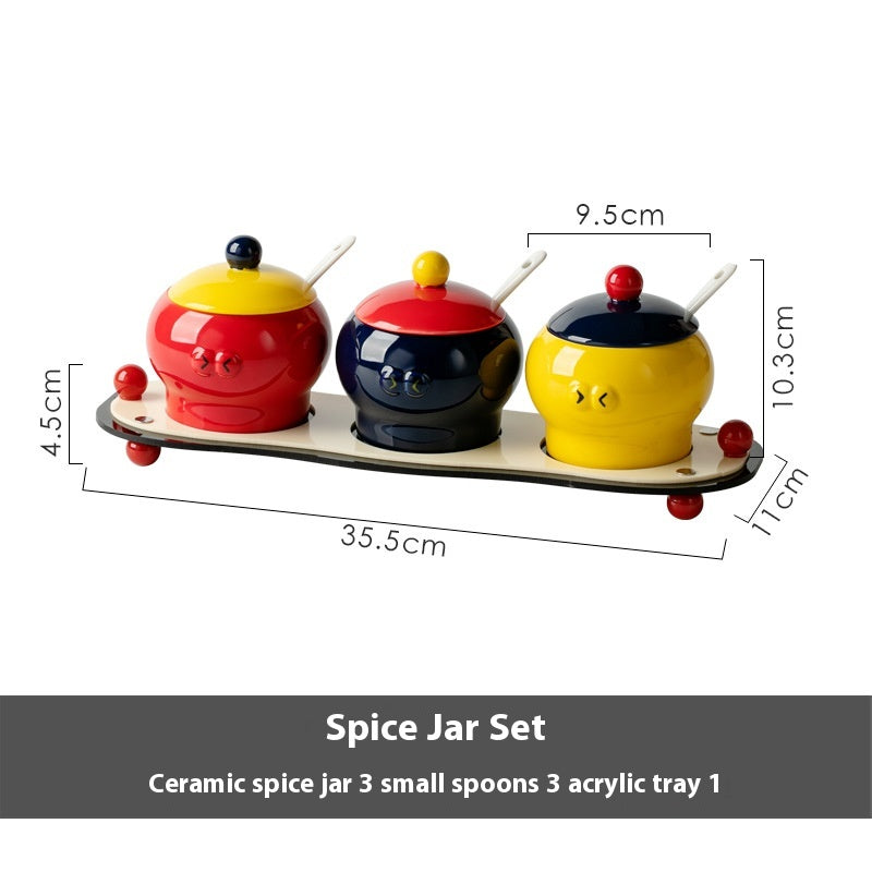 Ceramic Seasoning Jar Set with Lid and Spoon - Kitchen Storage Organizer