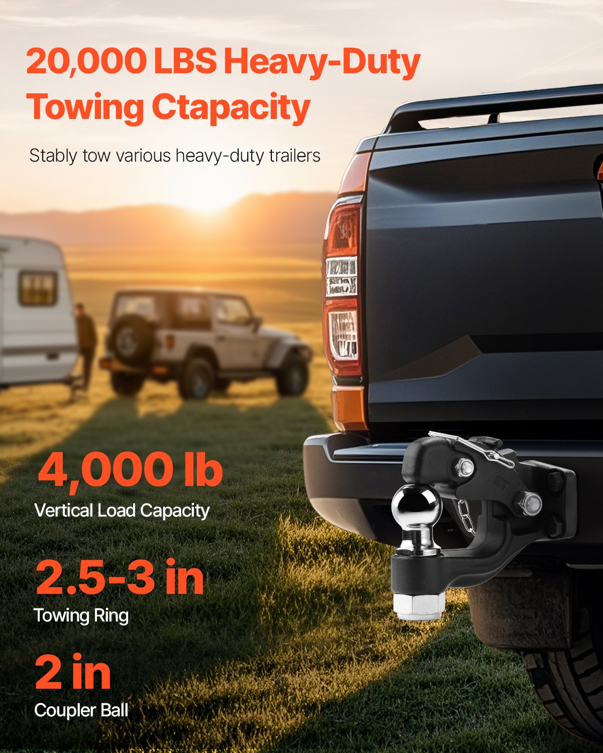 Heavy-Duty Pintle Hitch 2-Inch Ball for 2.5-3 Inch Lunette Ring 20,000 lbs