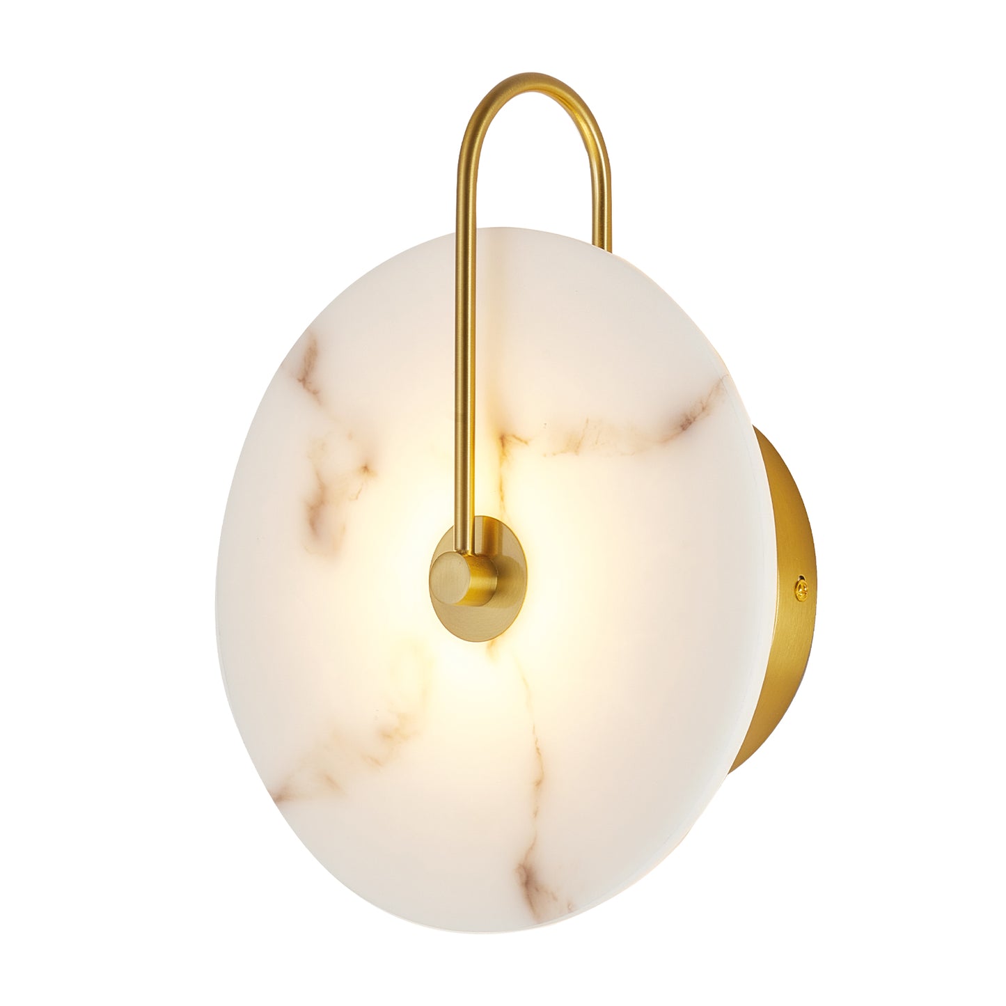 Round Alabaster Wall Sconce - Natural Marble LED Wall Lamp for Bedroom & Living Room - Gold Finish