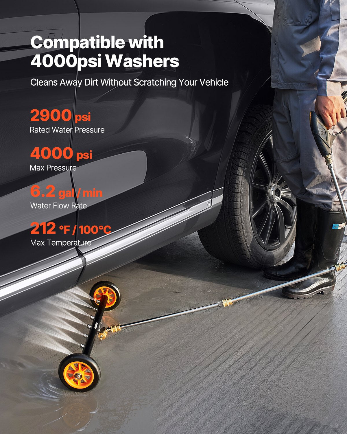 24-Inch Pressure Washer Undercarriage Cleaner with 2 Wheels & Extended Wands
