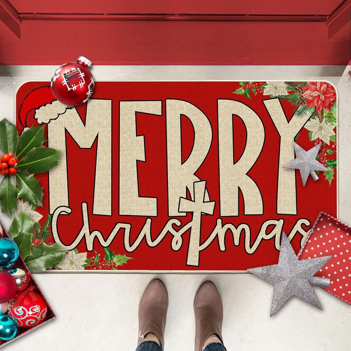 Country Striped Christmas Floor Mat - Festive Holiday Decor for Home & Garden