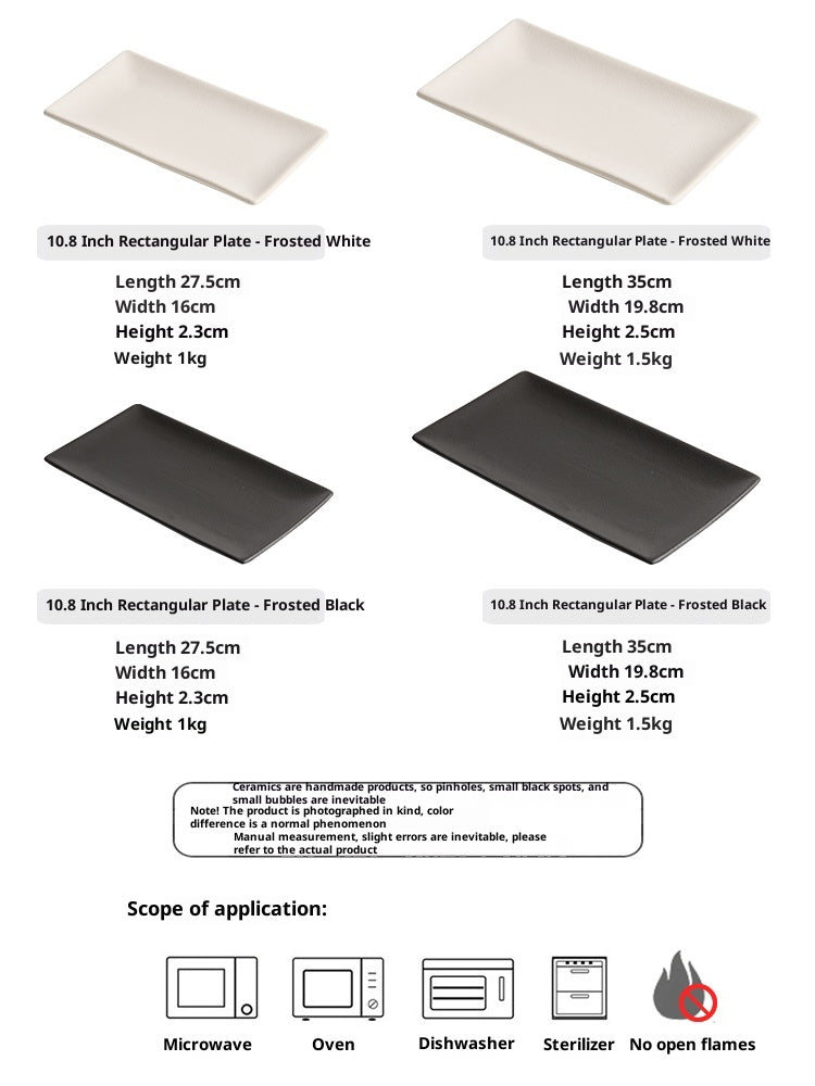 Matte Rectangular Dinner Plate - White, 10.8 or 13.7 Inch Ceramic Flatware