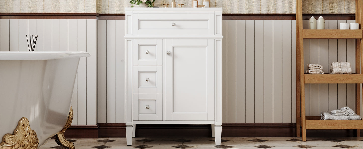 24-Inch Modern Bathroom Vanity with Ceramic Sink & 3 Drawers - White