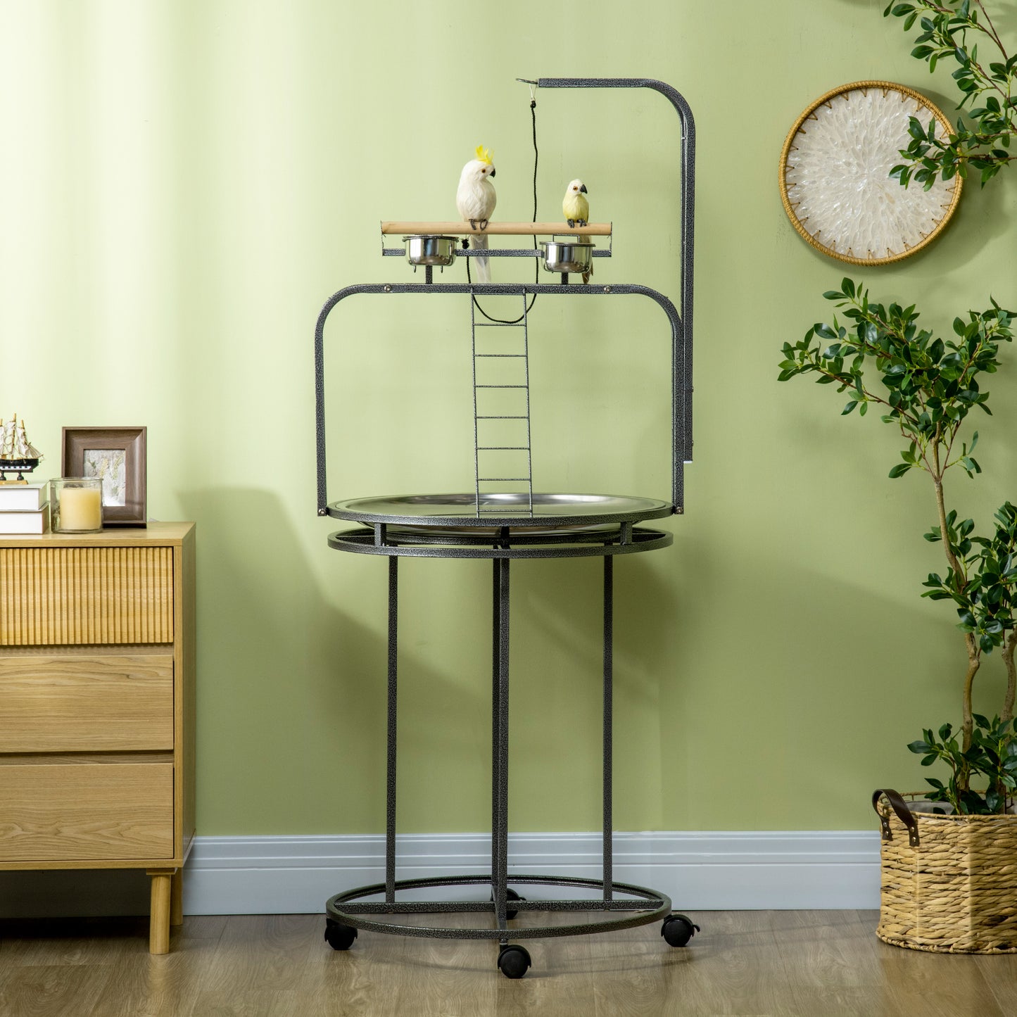 Large Bird Perch Stand with Toy Hooks and Ladders - Wooden & Steel Gray