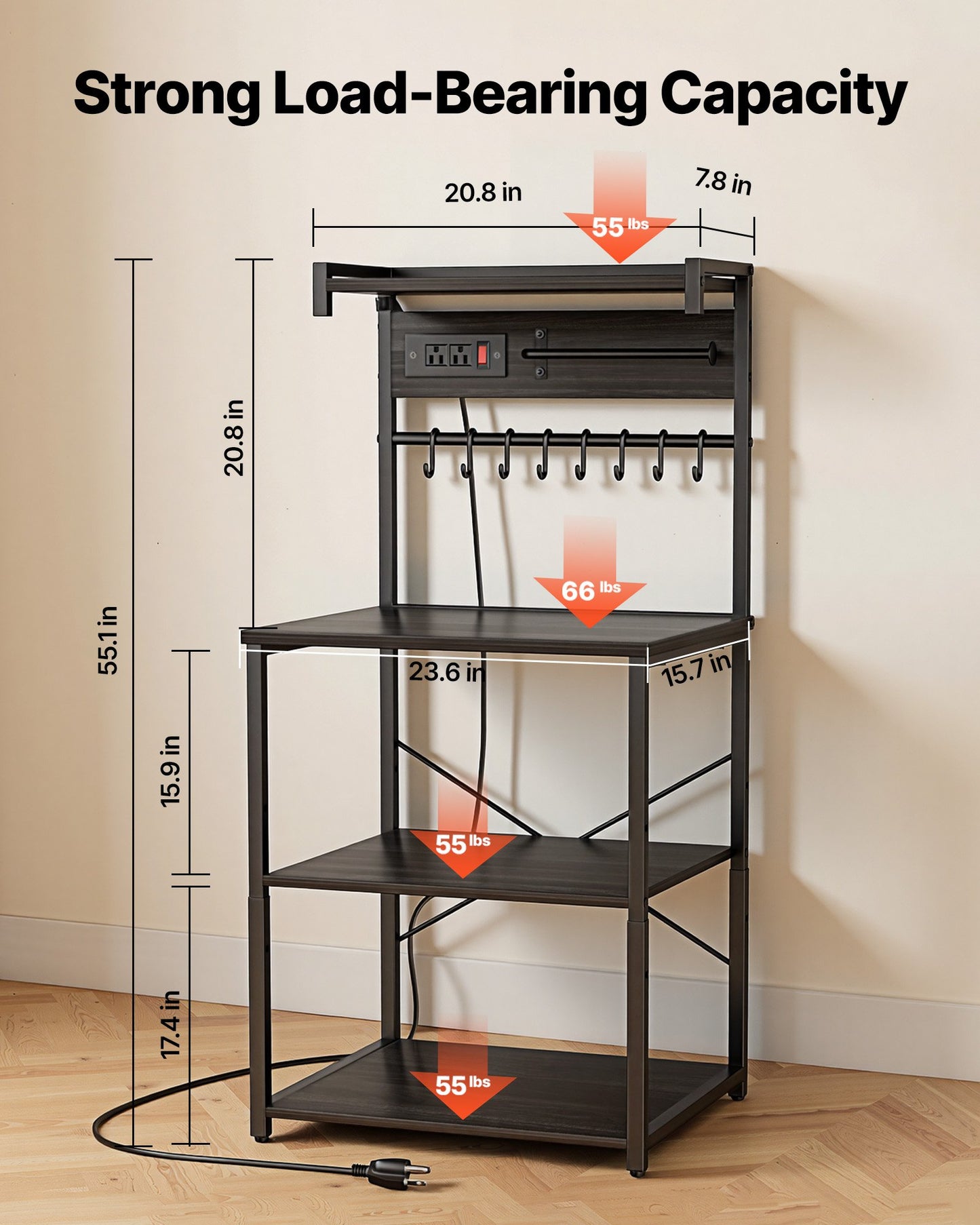 Kitchen Bakers Rack with Power Outlet and Hooks - 4.6ft Black