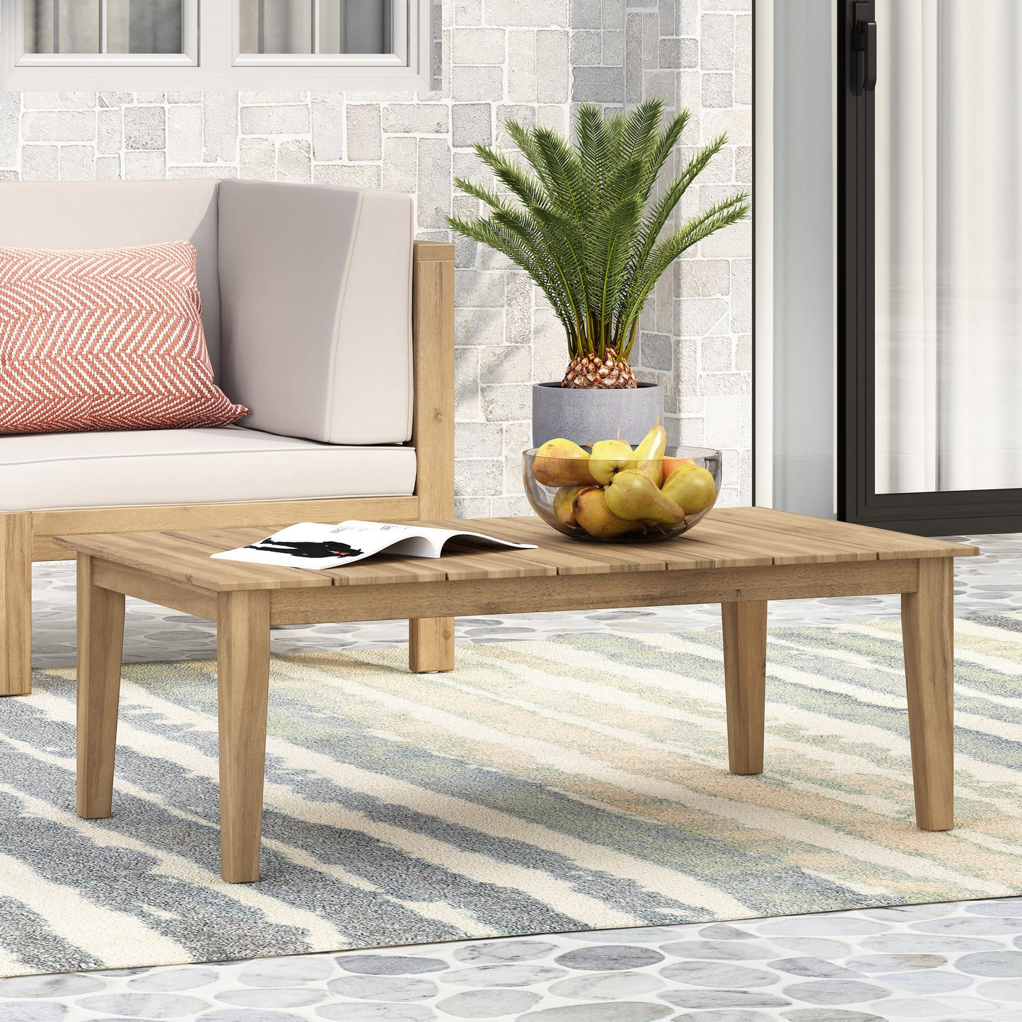 Acacia Wood Outdoor Coffee Table, Light Brown, 14 H X 23.5 W 39.5 L