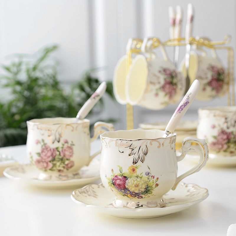 Creative Ceramic Coffee Cup and Saucer Set - Hand Painted Rose Design