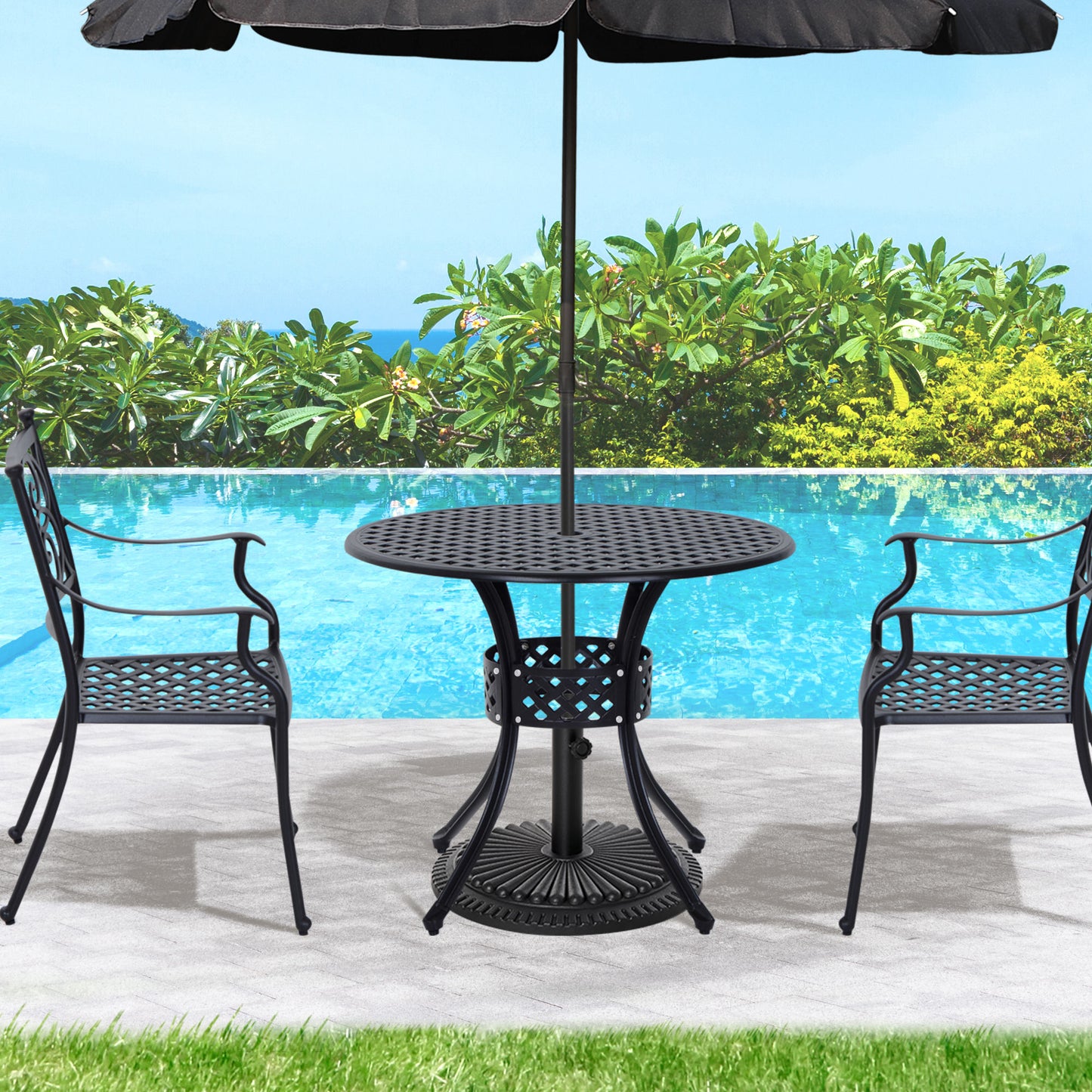 33" Round Cast Aluminum Patio Dining Table with Umbrella Hole - Black