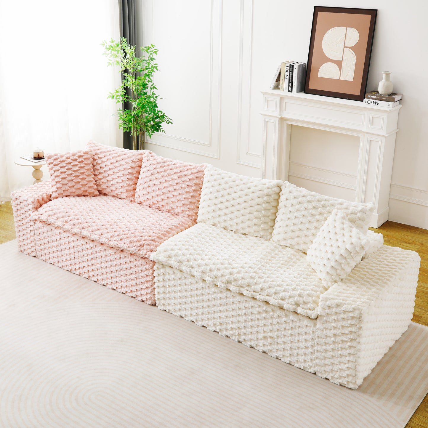 Luxury Color-Block Velvet Multifunctional Sofa - Pink & White