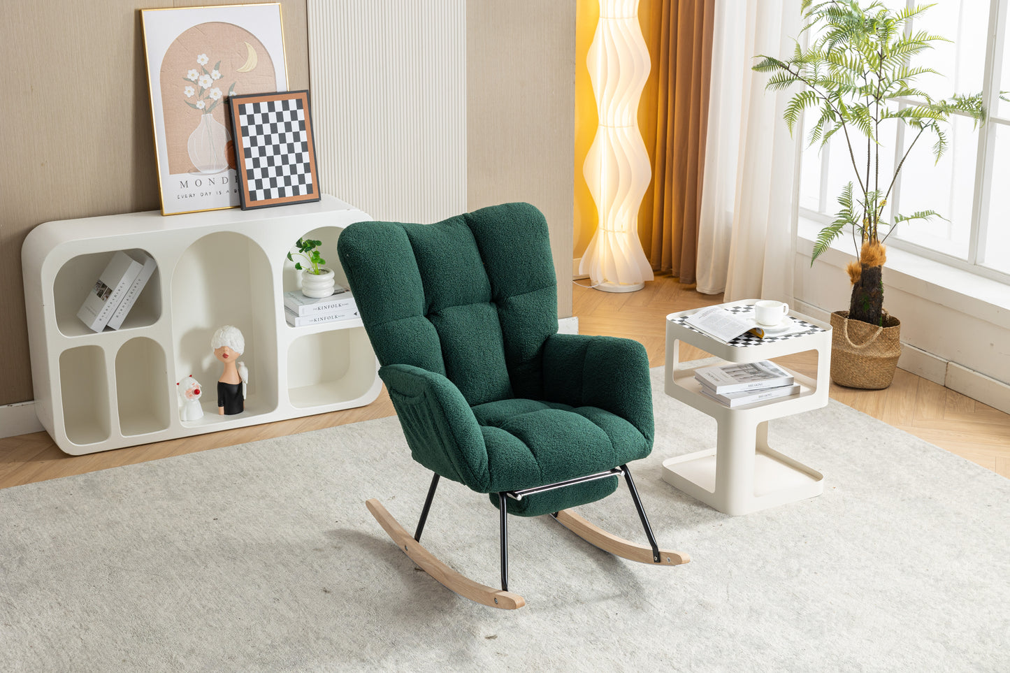 Teddy Fabric Rocking Chair with Adjustable Footstool - Green