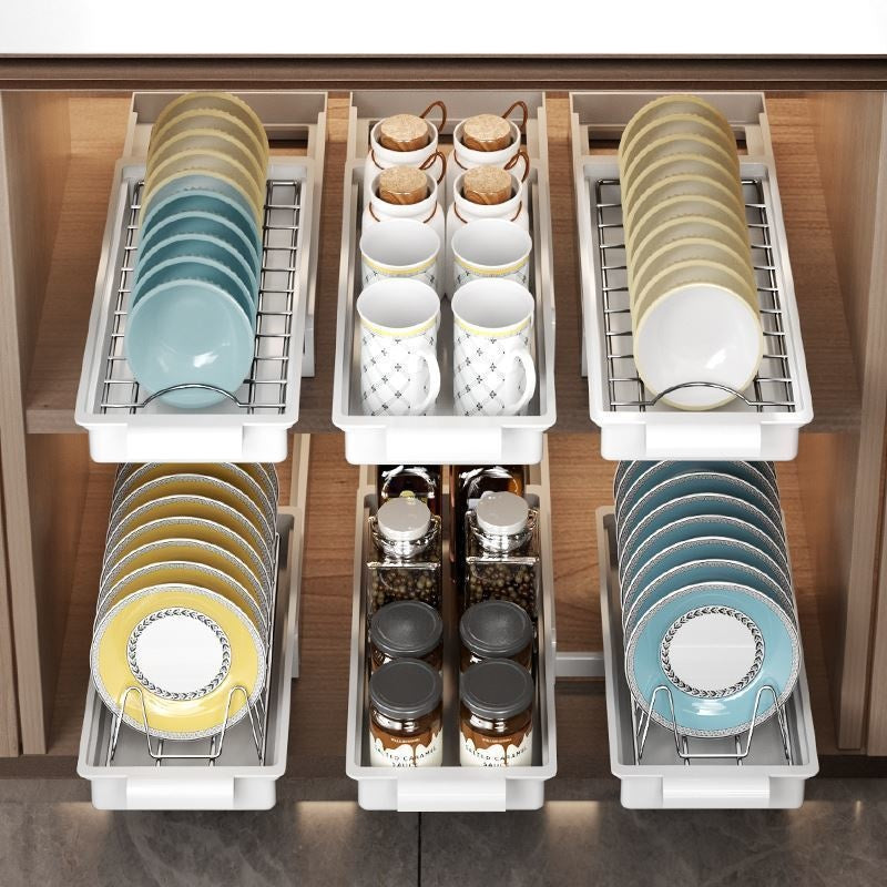 Built-in Drawer-Style Kitchen Dish and Spice Rack for Cabinets