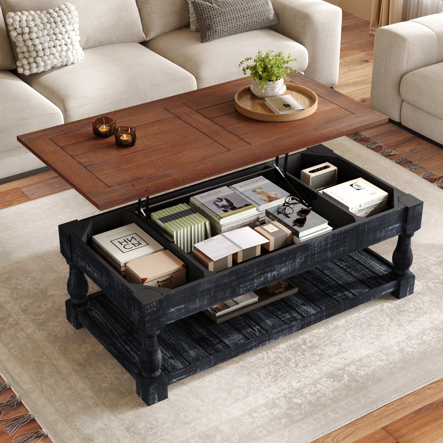 Retro Lift-Top Coffee Table with Storage - Espresso & Weathered Black