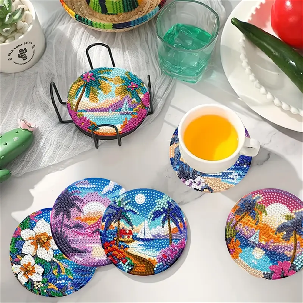 DIY Diamond Art Coaster Kit with Holder - Landscape Pattern, for Adults & Beginners