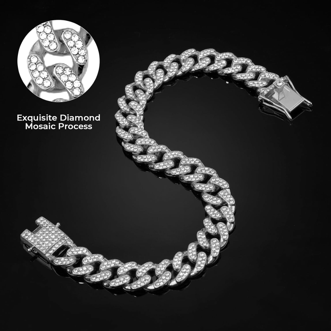 Silver Dog Chain Collar with Diamonds - 13mm Wide Metal Pet Necklace