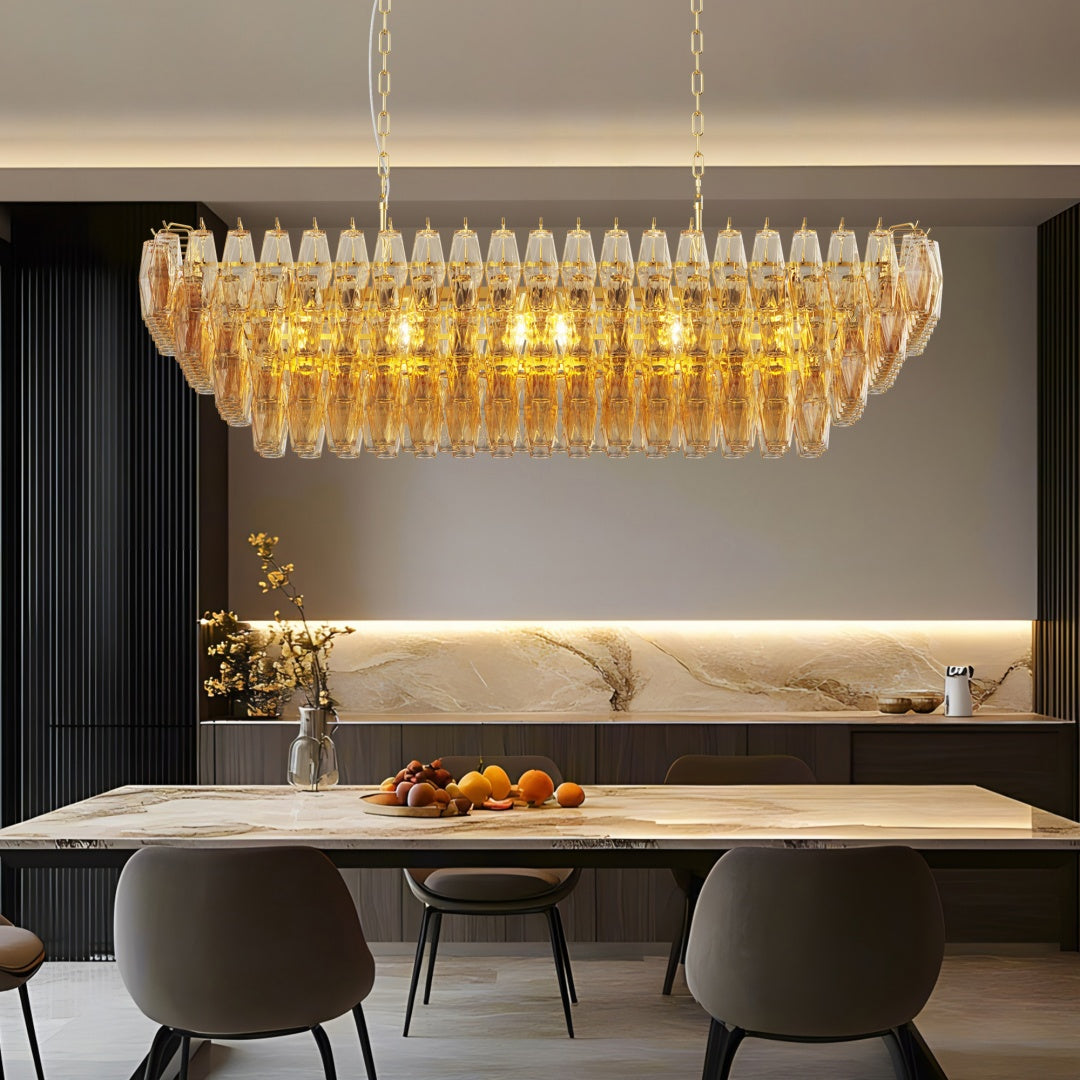 Large Gold Rectangle Chandelier - 12-Light Smoke Glass Fixture
