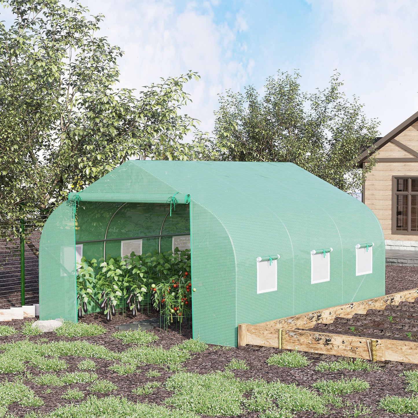 Outdoor Walk-In Tunnel Greenhouse 11.5 x 10 x 6.5 ft with Roll-up Windows & Zippered Door - Green