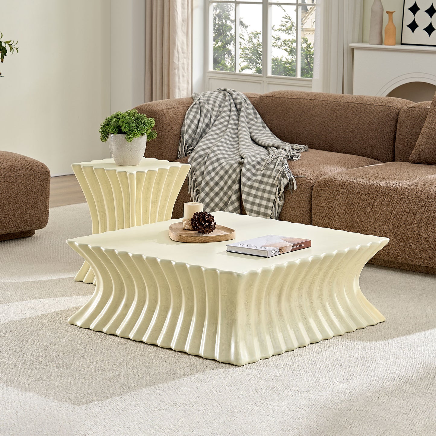 35.43 Inch Square Coffee Table - Vintage Sturdy Fiberglass, Beige