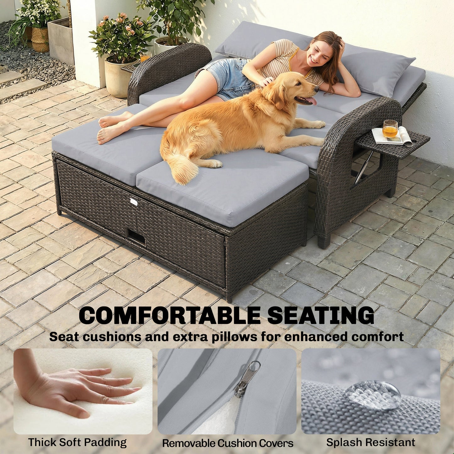 Outdoor Daybed with Storage Ottoman, Adjustable Loveseat - Gray