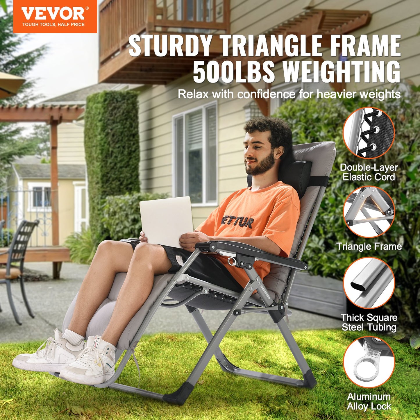 Outdoor Zero Gravity Lounge Chair 26-Inch Support & Adjustable Recline in Grey