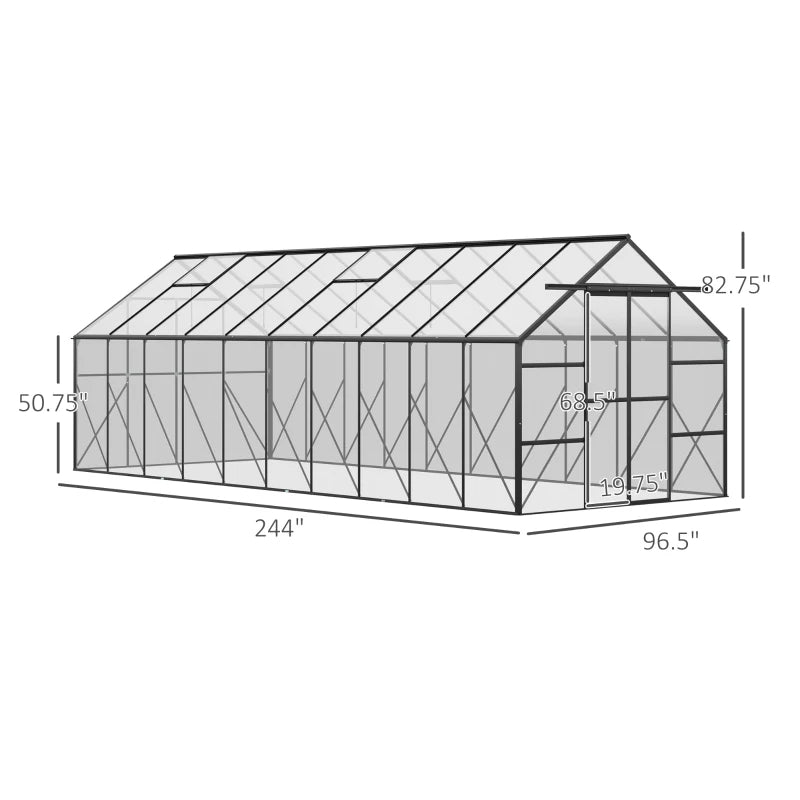 Aluminum Walk-In Greenhouse Kit with Polycarbonate Panels & Adjustable Roof Vent - Black or Clear