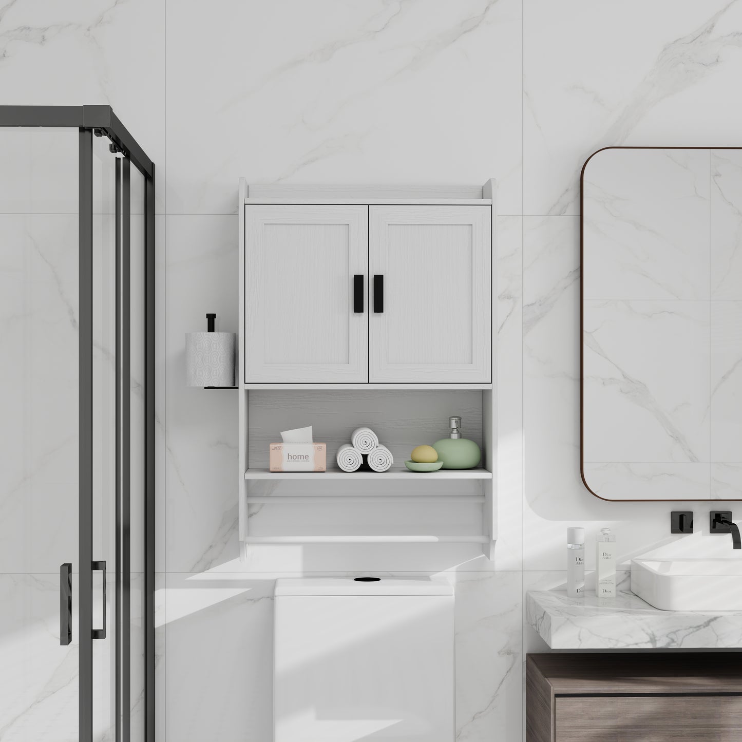 Bathroom Wall Cabinet with Doors, Adjustable Shelf & Towel Bar - White