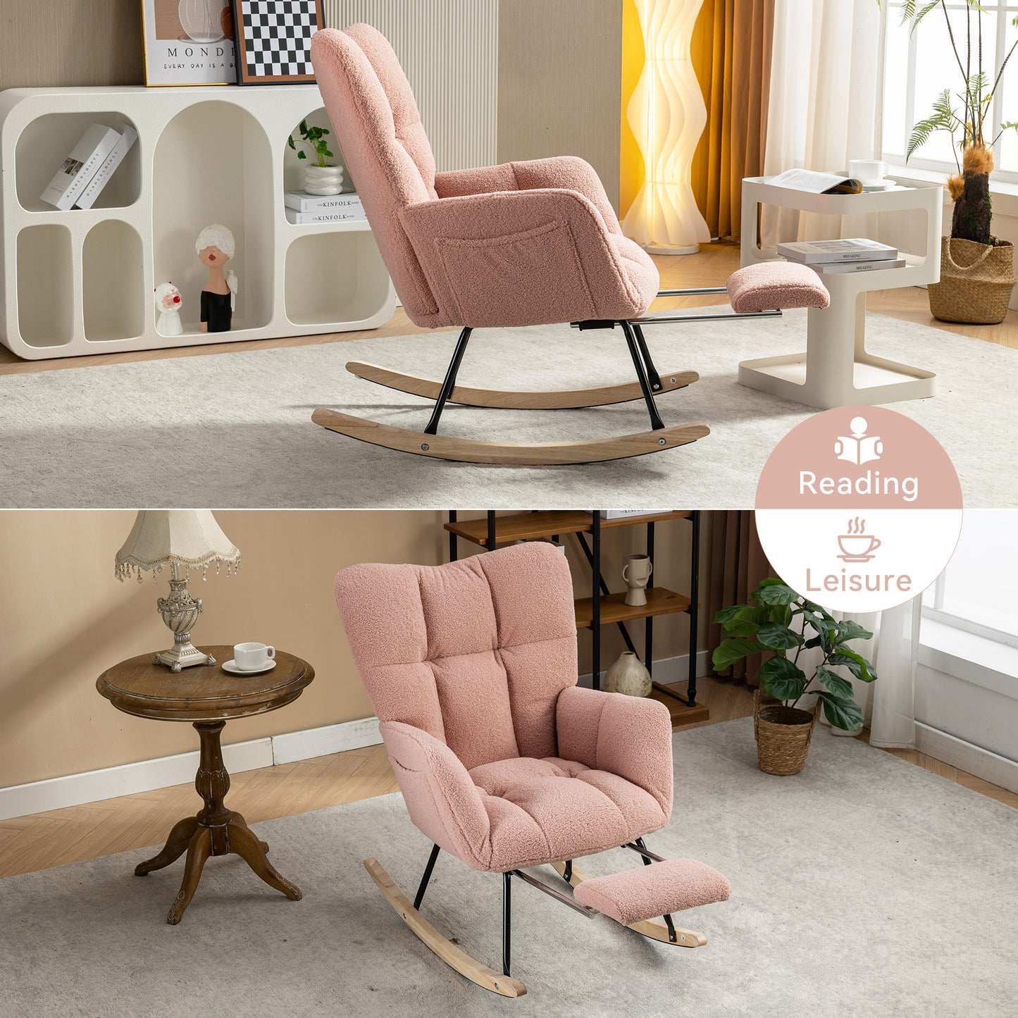 Pink Teddy Fabric Rocking Chair with Adjustable Footstool