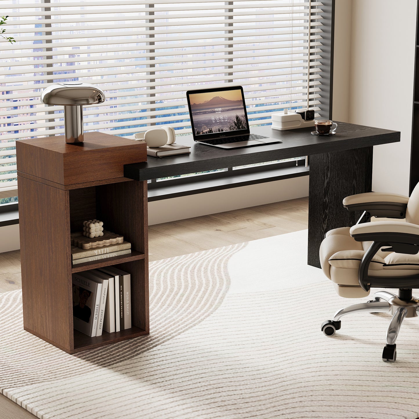 Modern Two-Tone Sofa Side Table - Black & Walnut MDF with 2-Tier Storage