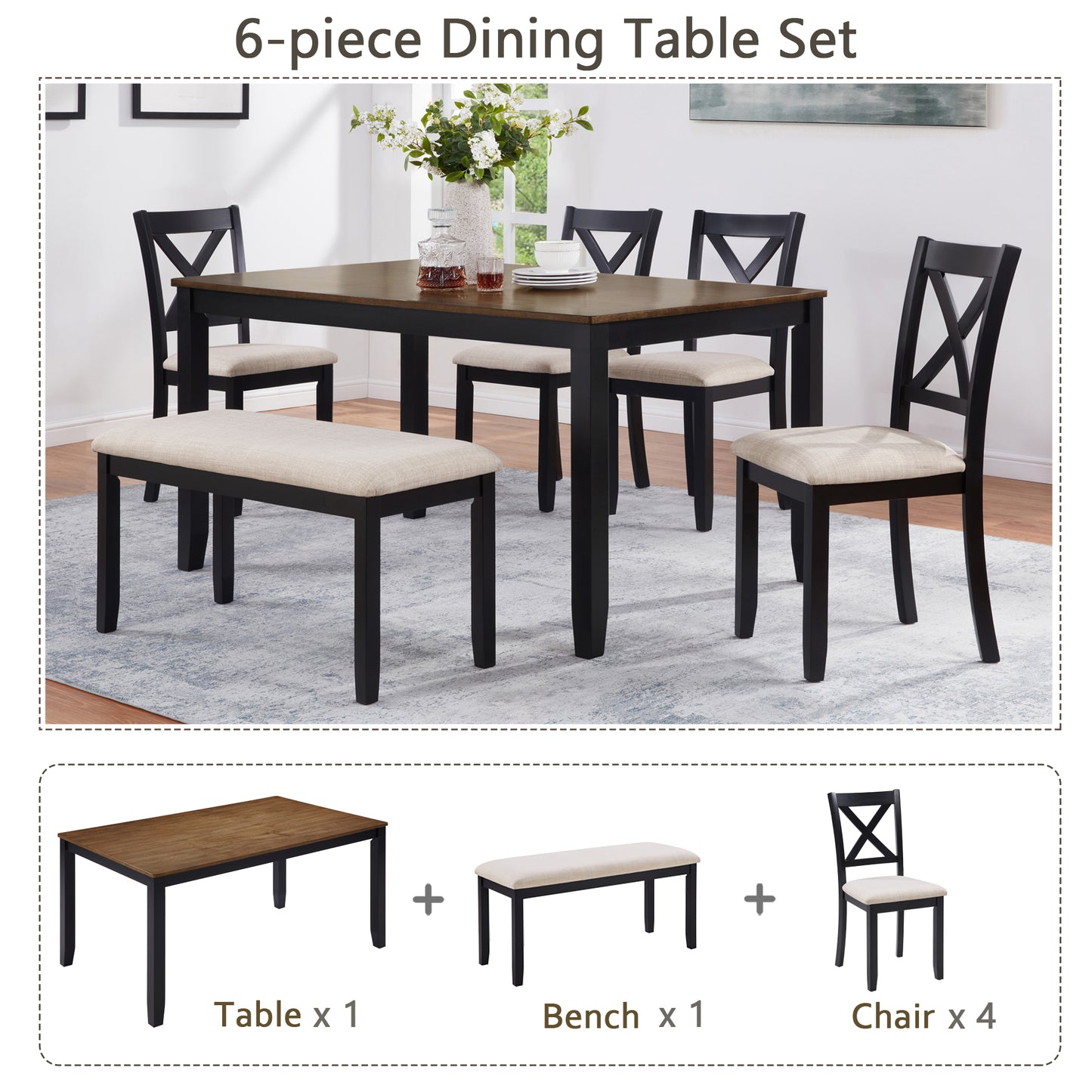 6-Piece Dining Table Set with Bench - Classic Black & Oak