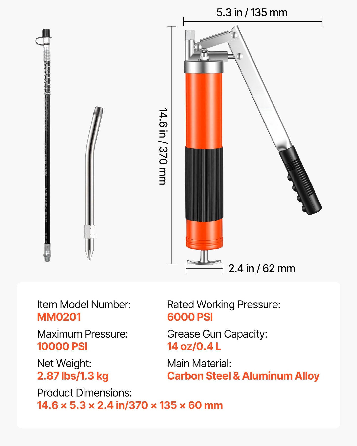 Heavy Duty Pistol Grip Grease Gun 10,000 PSI with 14 Oz Capacity & Flex Hose
