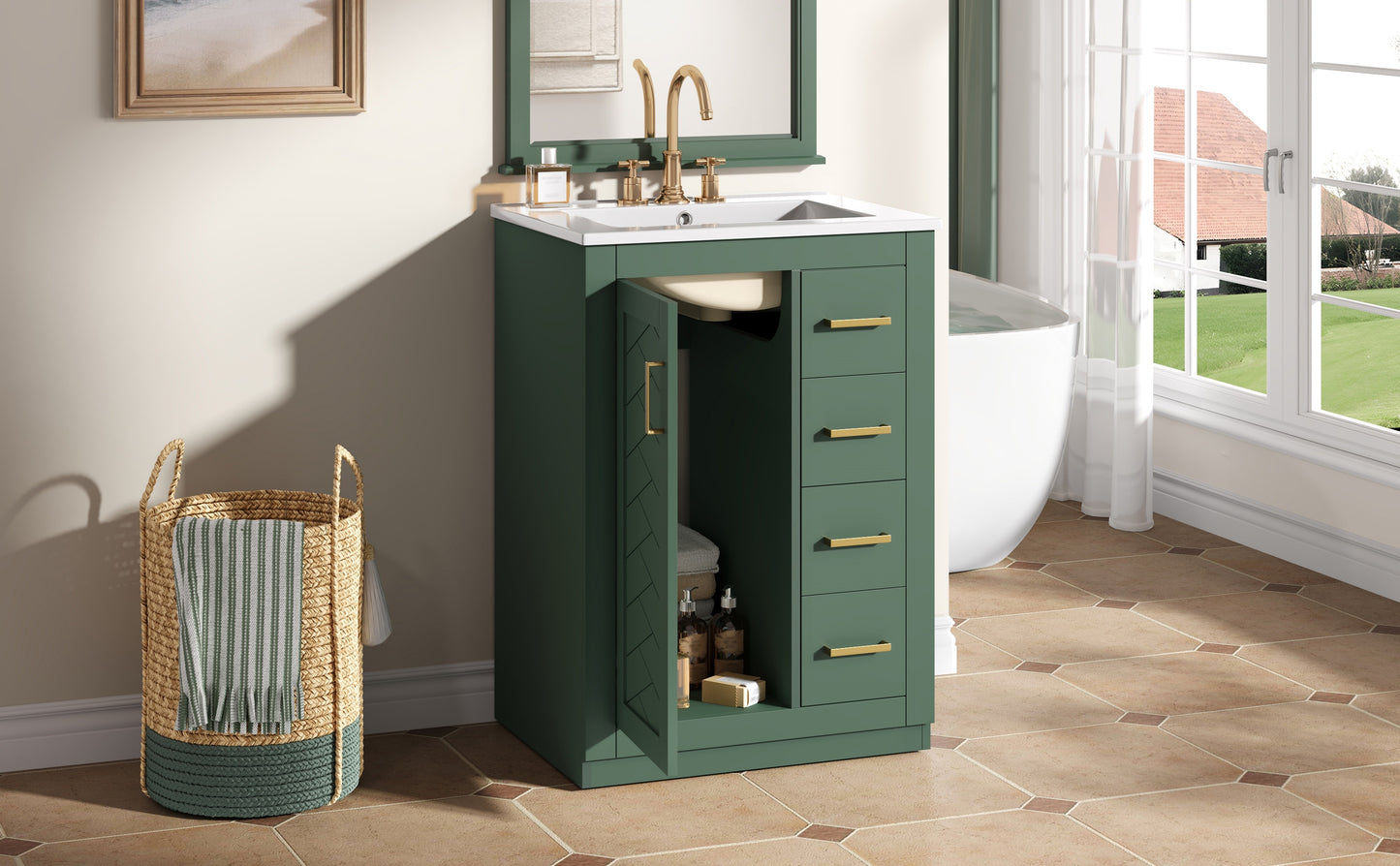 24" Green Bathroom Vanity with Integrated Ceramic Sink & 3 Drawers